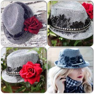 Black n white tweed Gaga hat, embellished boho cap